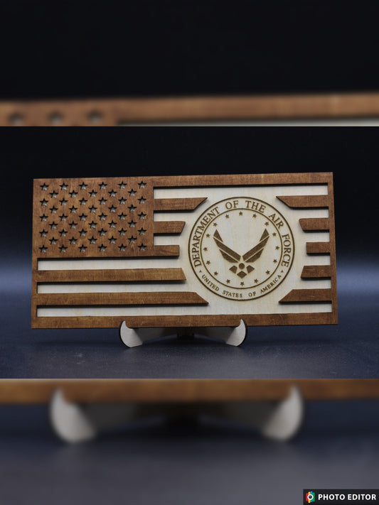 Laser Cut/Engraved Wood US Flag with Military Seal of Your Choice